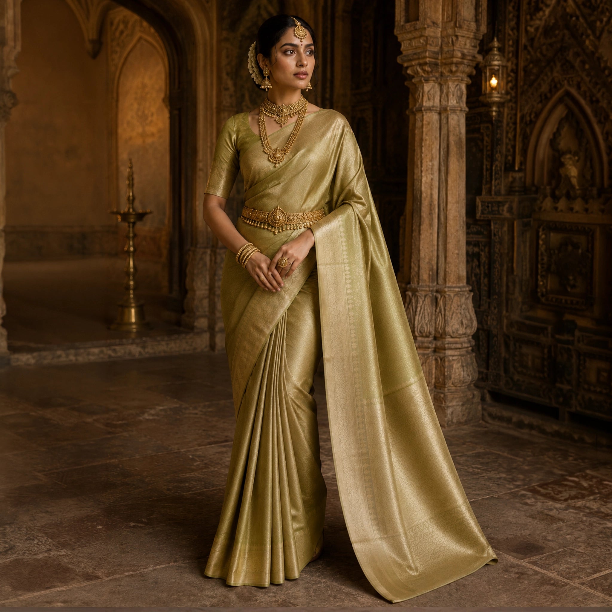Elegant Olive Green Soft Silk Saree