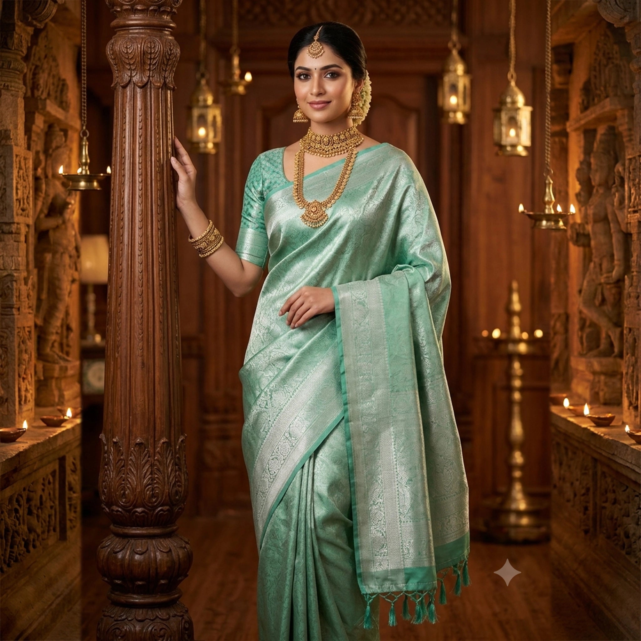 Premium Mint Green Soft Silk Jacquard Saree with Rich Silver Zari Weaving