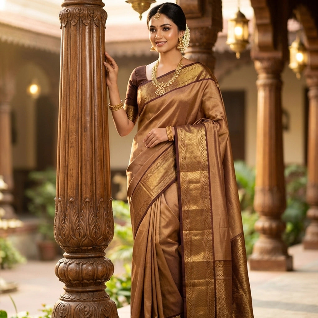 Classic Antique Gold Kanchipuram Silk Saree with Maroon Temple Border
