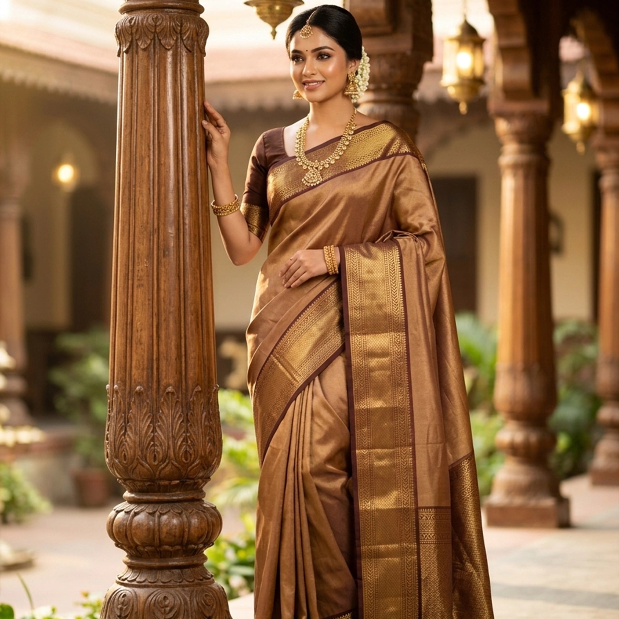 Classic Antique Gold Kanchipuram Silk Saree with Maroon Temple Border