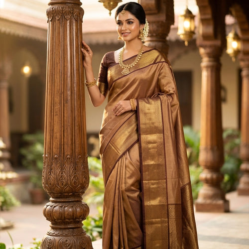 Classic Antique Gold Kanchipuram Silk Saree with Maroon Temple Border