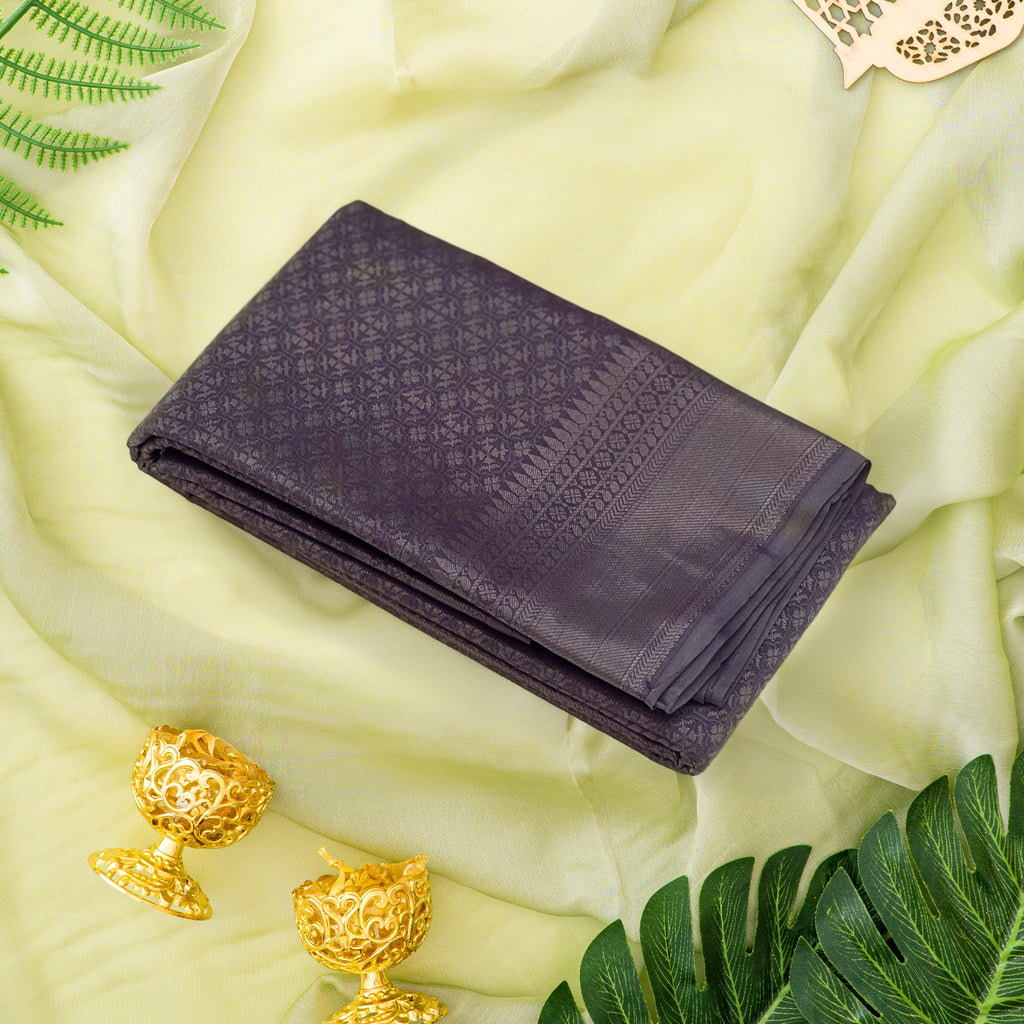 Elegant Charcoal Grey Kanchipuram Style Soft Silk Saree