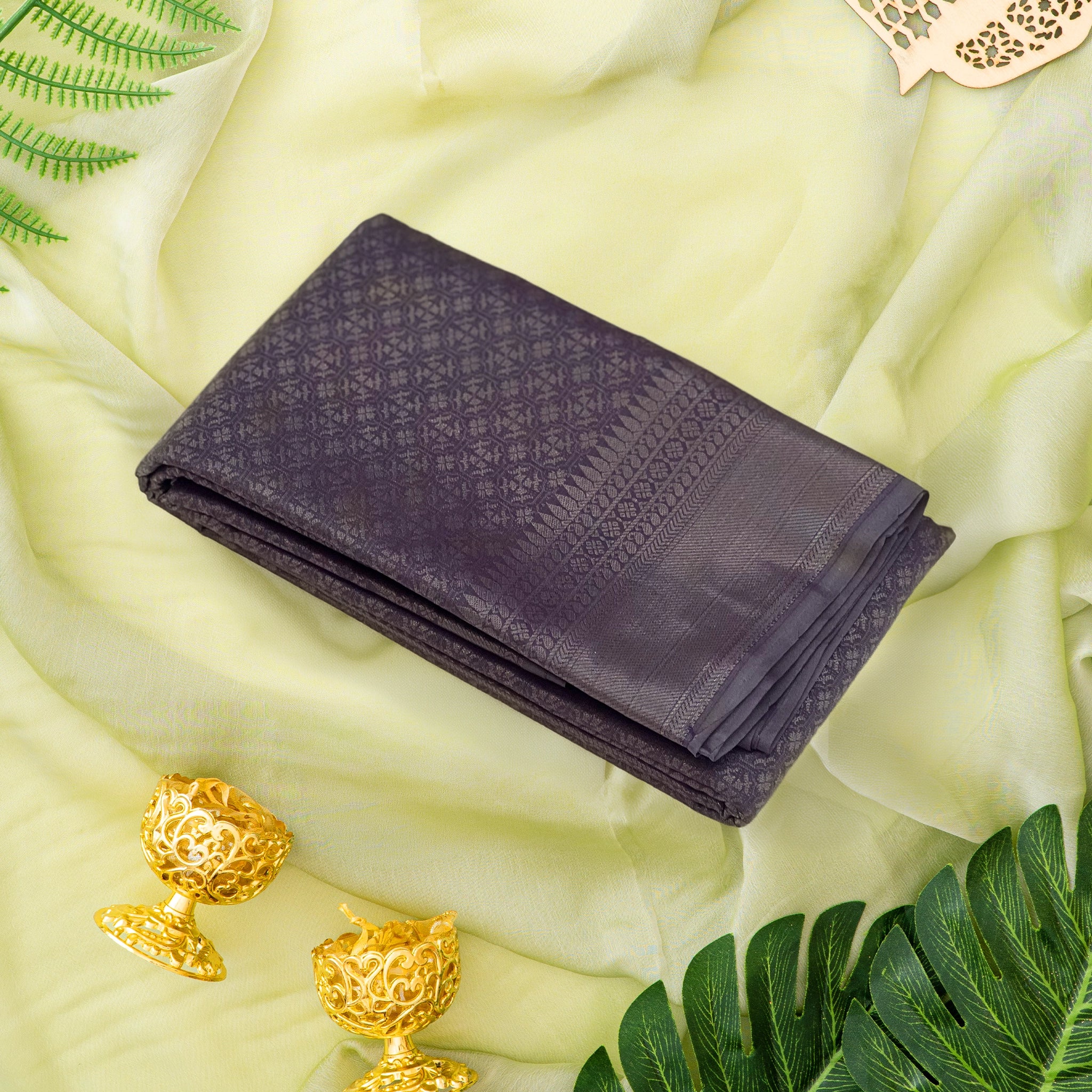 Elegant Charcoal Grey Kanchipuram Style Soft Silk Saree