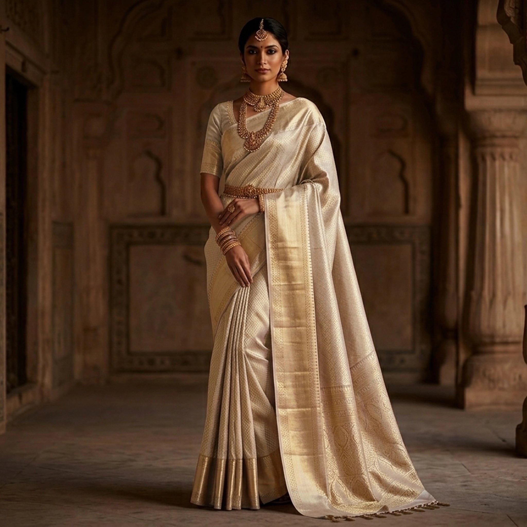 Elegant Champagne Gold Soft Silk Saree