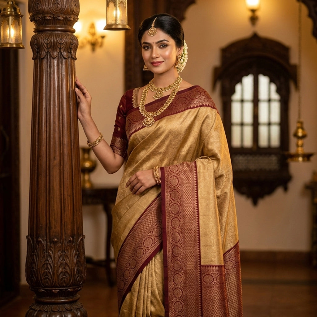 Heritage Mustard Gold Kanchipuram Silk Saree with Intricate Crimson Maroon Border