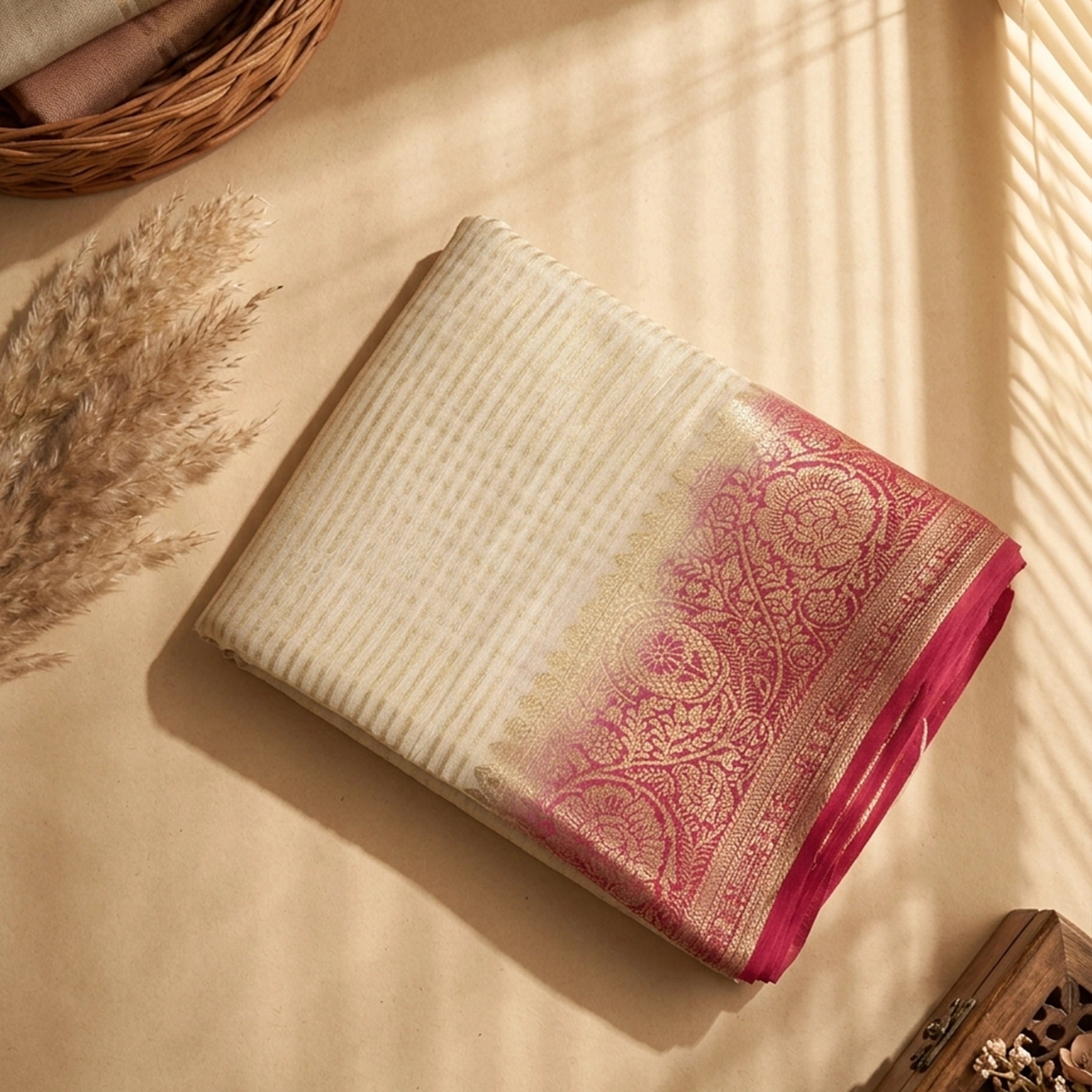 Ivory Banarasi Silk Blend Saree with Magenta Floral Zari Border