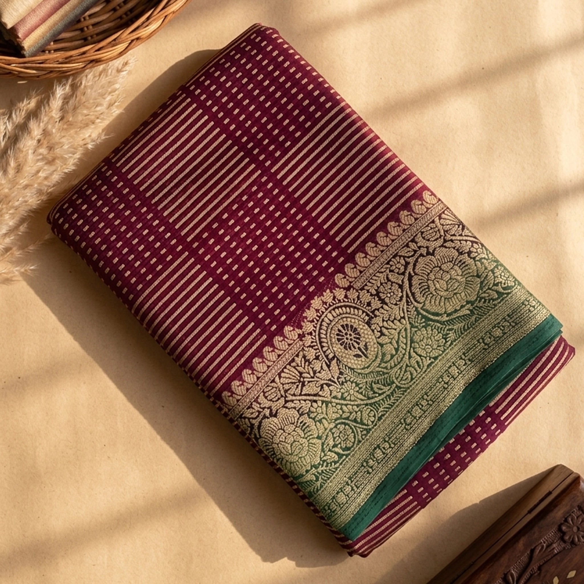 Maroon Banarasi Silk Blend Saree with Gold Zari Border & Green Edge