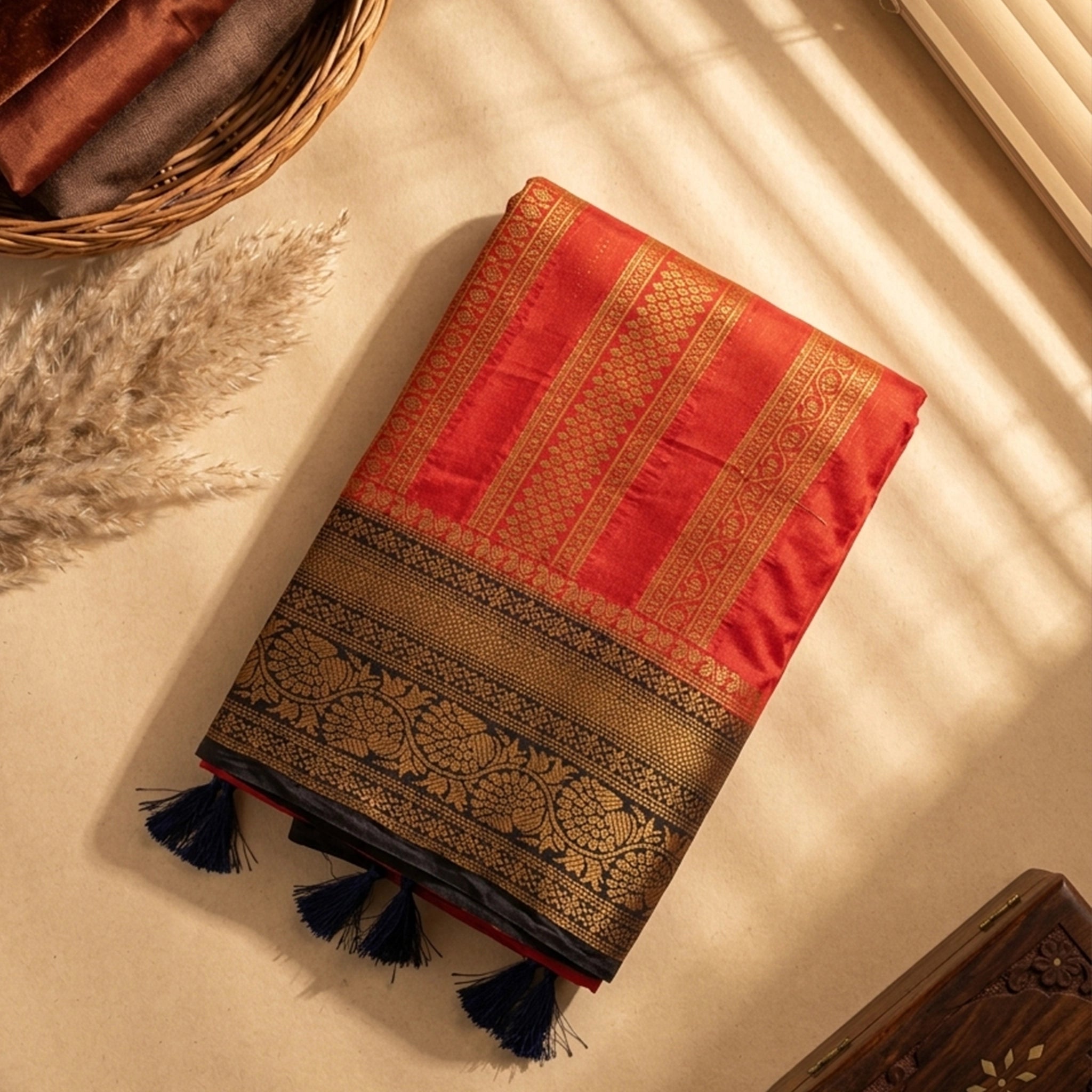 Regal Red Banarasi Saree with Black Temple Border