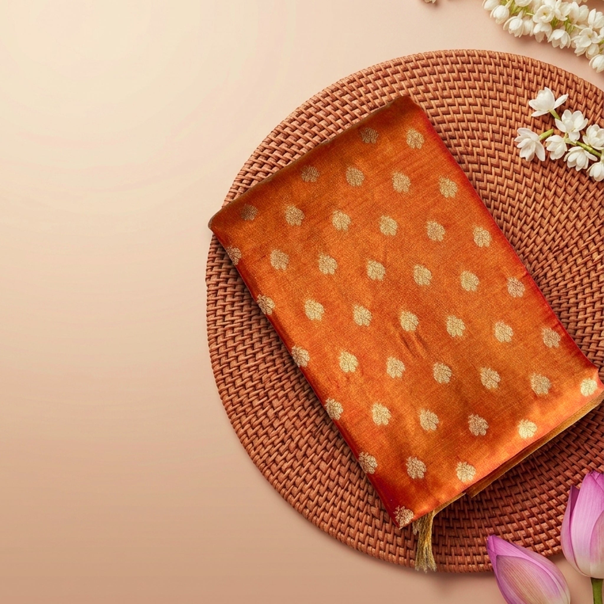 Royal Mustard Orange Silk Saree with Intricate Golden Zari Border